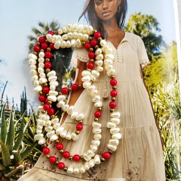 Vintage necklace red, gold, white faux pearl bead beaded pearlcore retro - Picture 1 of 8